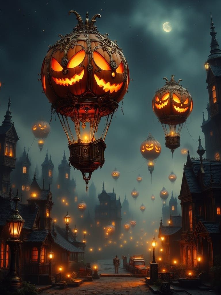 Steampunk Jack-o'-Lantern Balloons in Dreamlike Cityscape