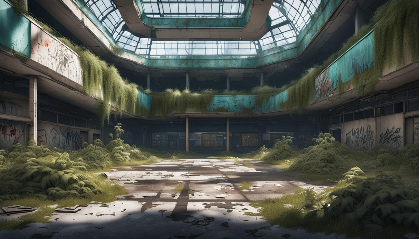 Dystopian Abandoned Mall: Hyperrealistic Plant Overgrowth