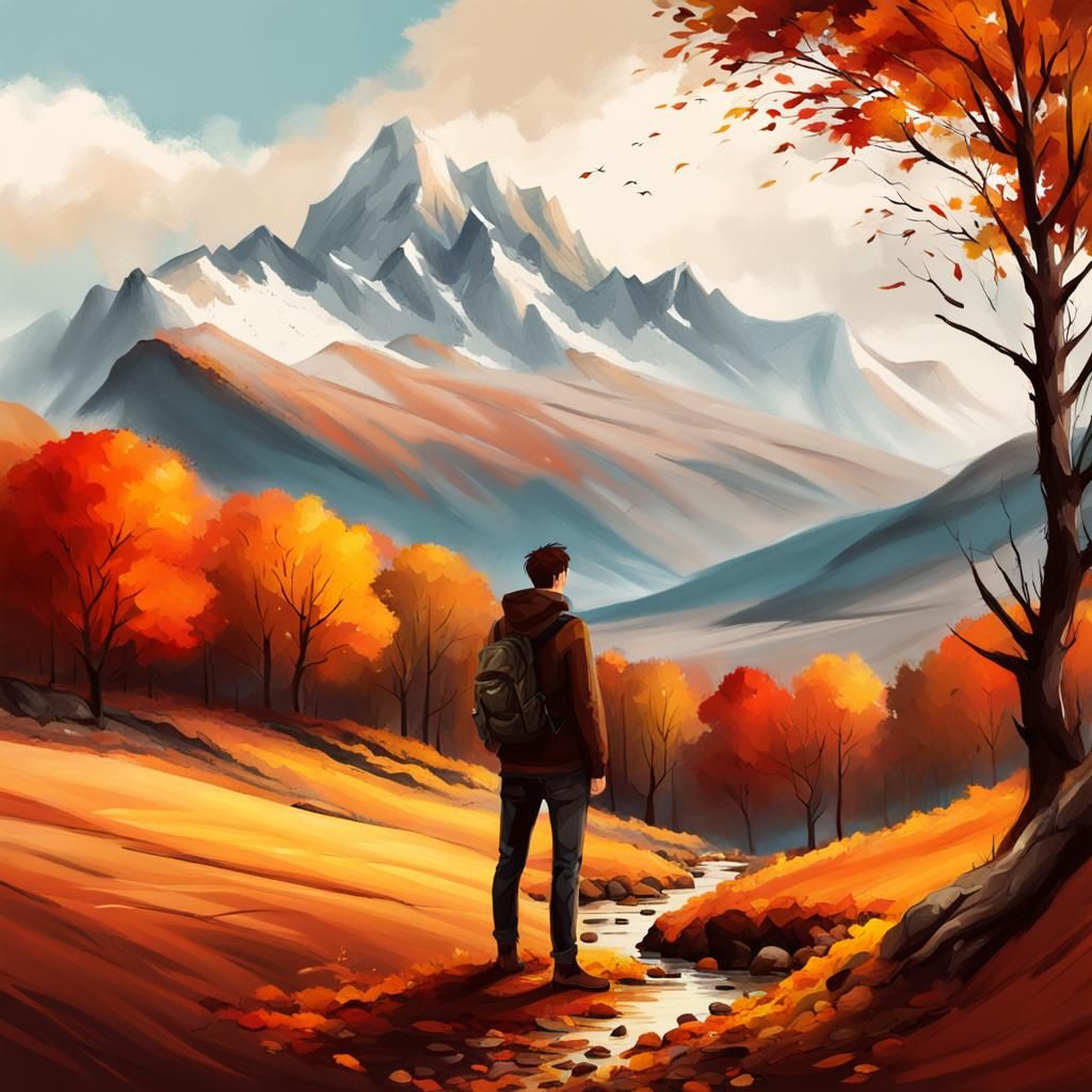 Autumn Mountain Landscape with Young Man