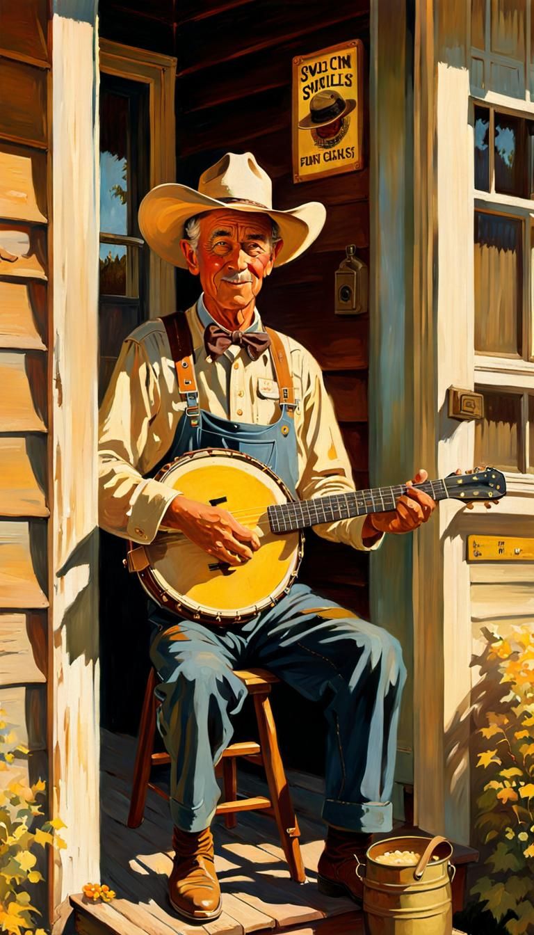 Alien Farmer Banjo Player in Rockwell Style