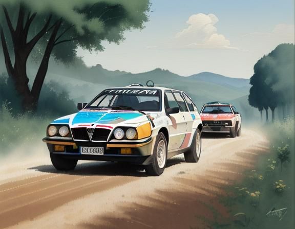 Lancia Racing Cars in Gouache and Watercolor Style