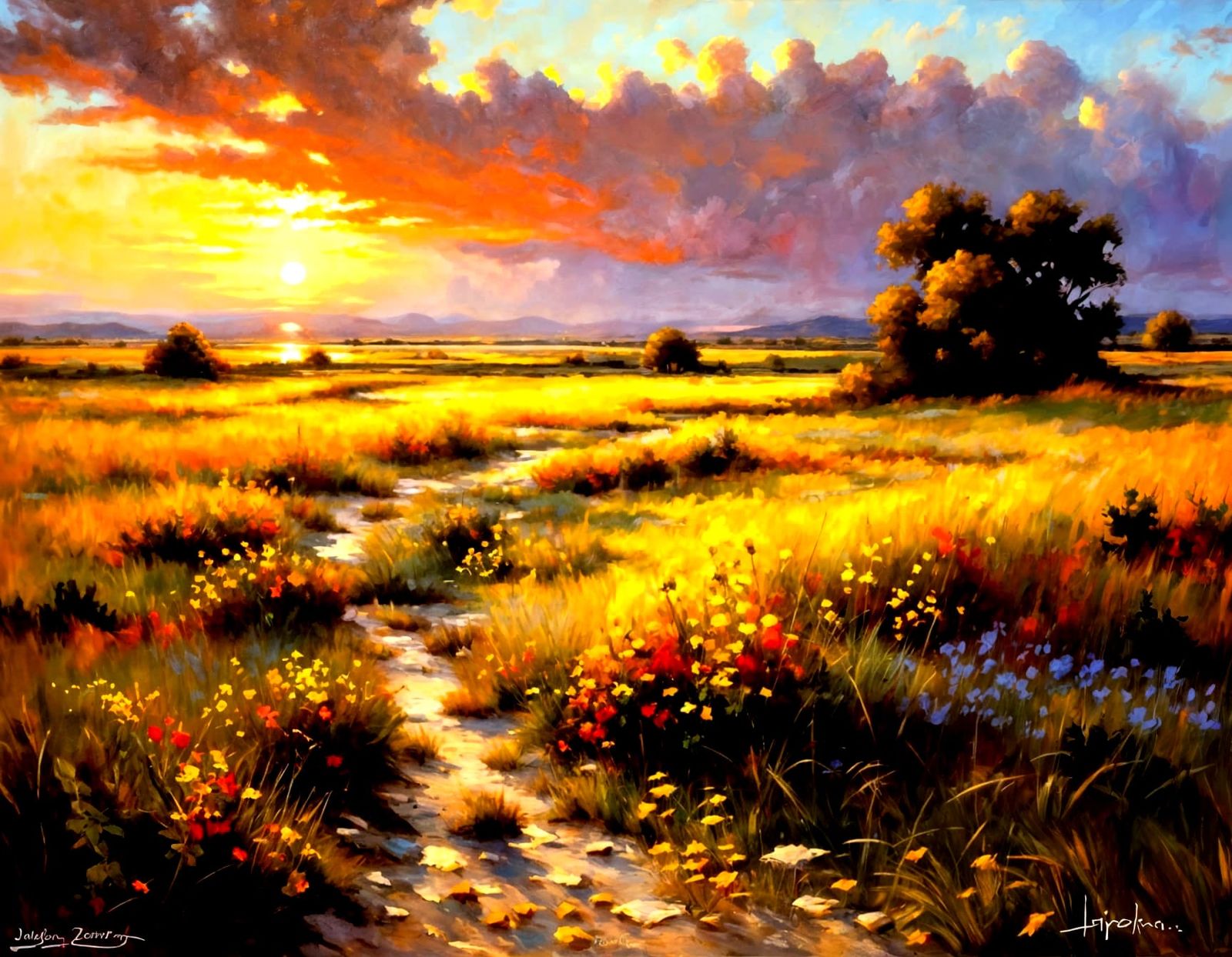Oil painting, American grasslands (search: landscape, sunset)