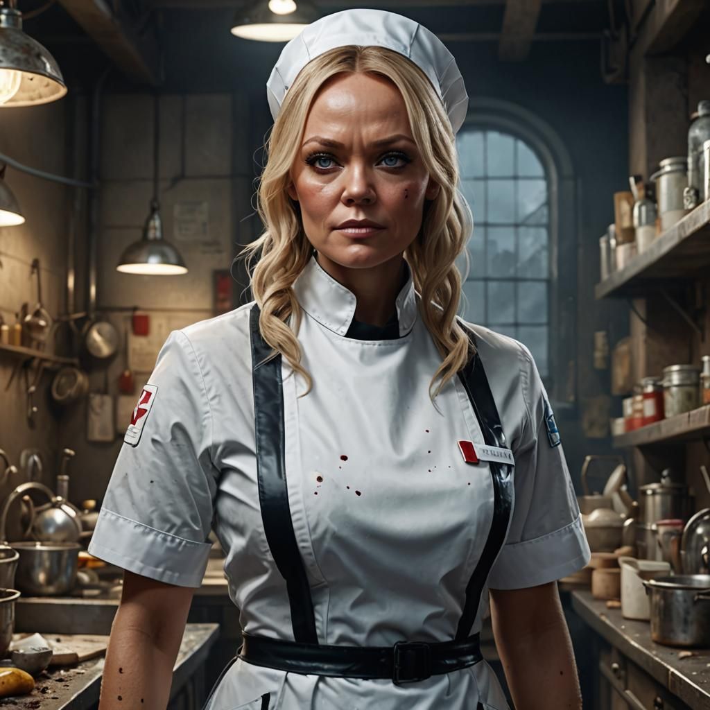 Stern Nurse in Rubber Uniform: Detailed Matte Painting