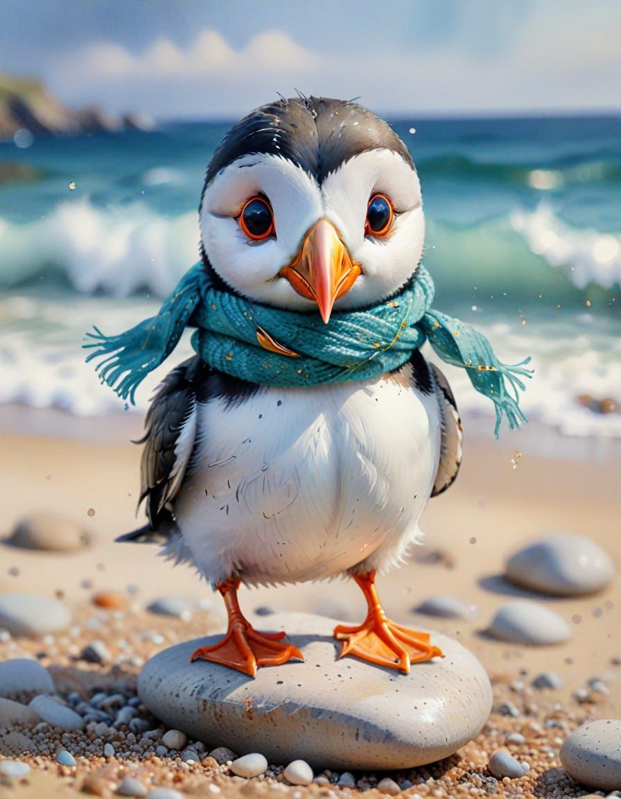 Chibi Puffin Watercolor Portrait with Teal Scarf