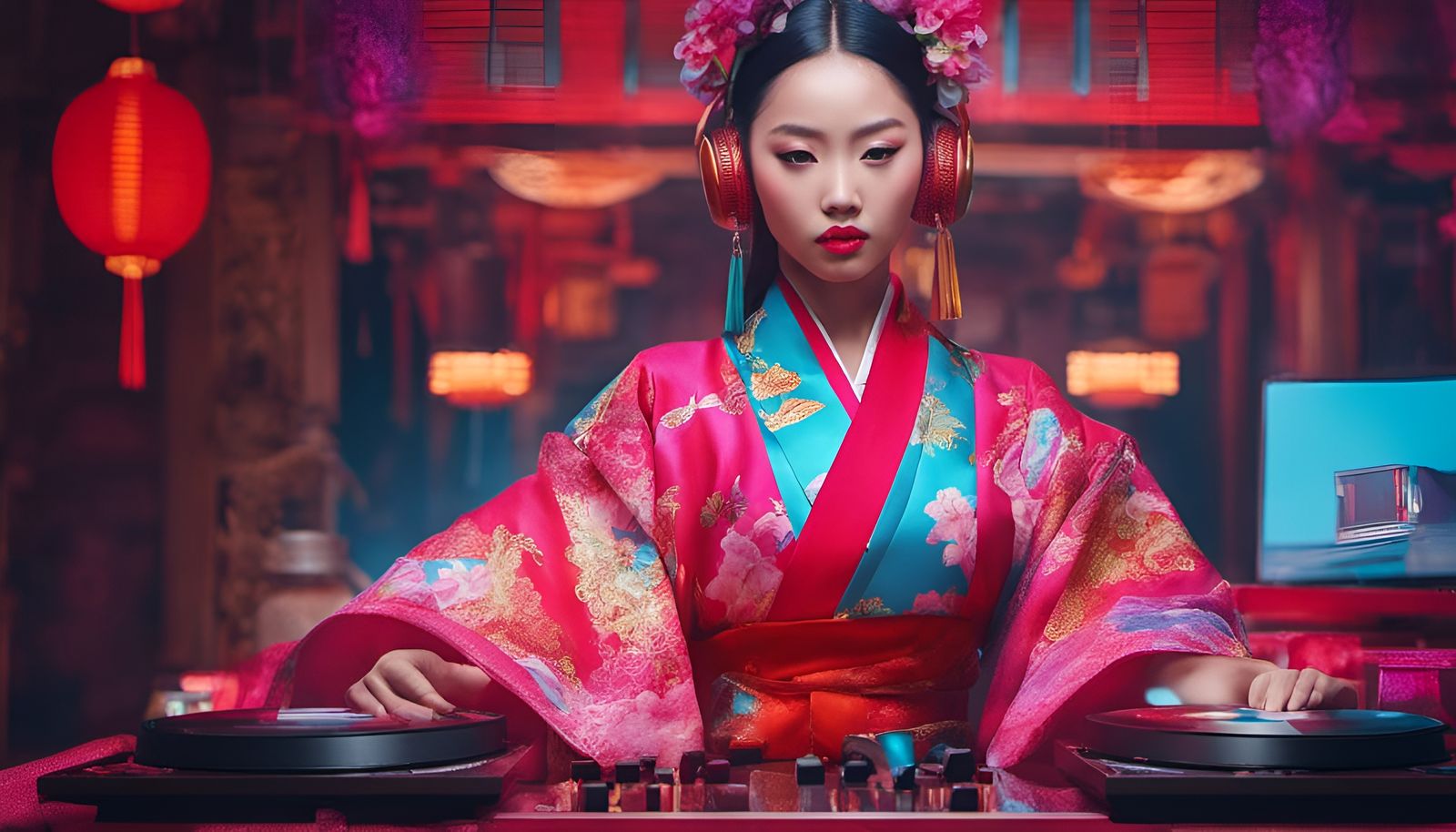 Futuristic Hiphop Musicians DJing in Kimonos