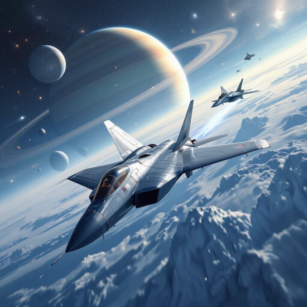 F22 Jet Drifting Through Saturn's Rings