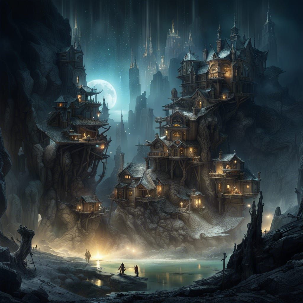 Mystical Miniature Mountain City with Stars