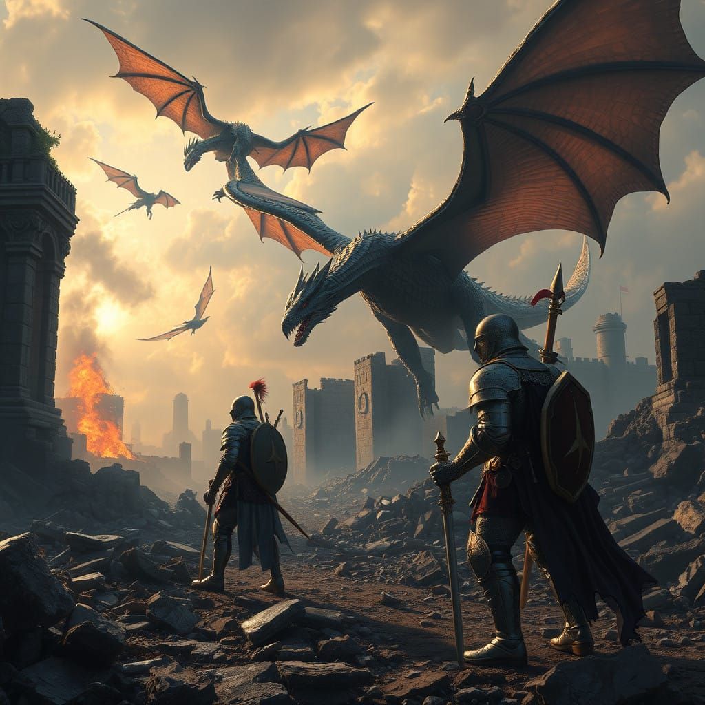 Weary Knights Stand Amidst Ancient Ruins as Majestic Dragons...