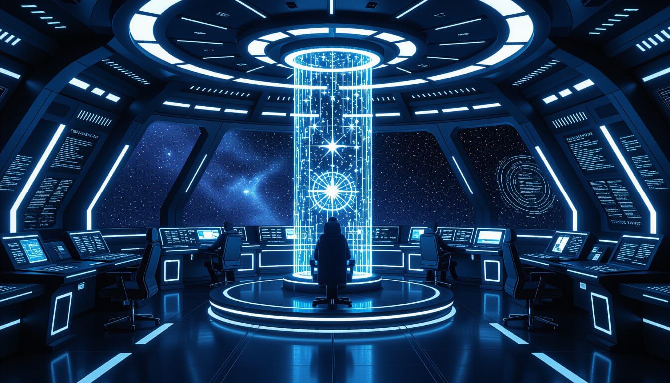 Futuristic Command Center with Holographic Star Maps