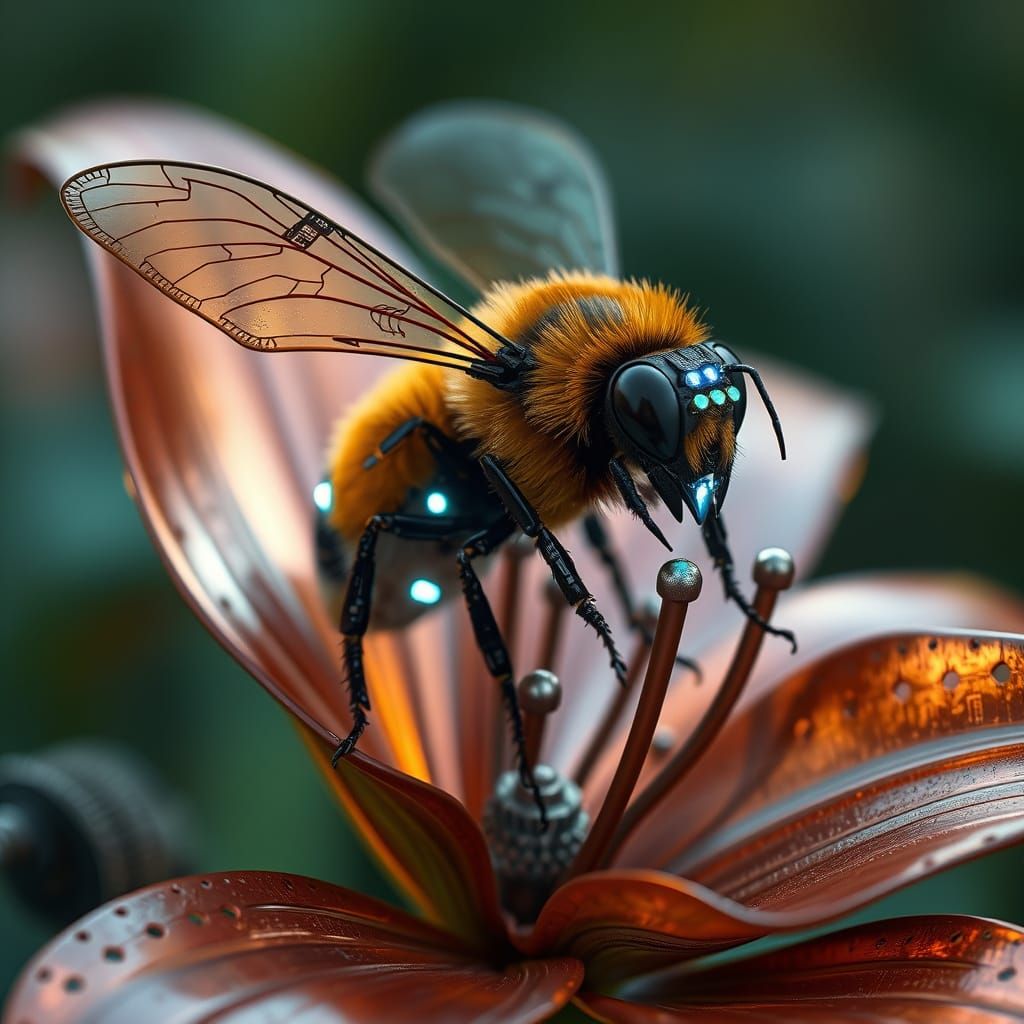 Cybernetic Bumblebee in Futuristic Floral Harmony
