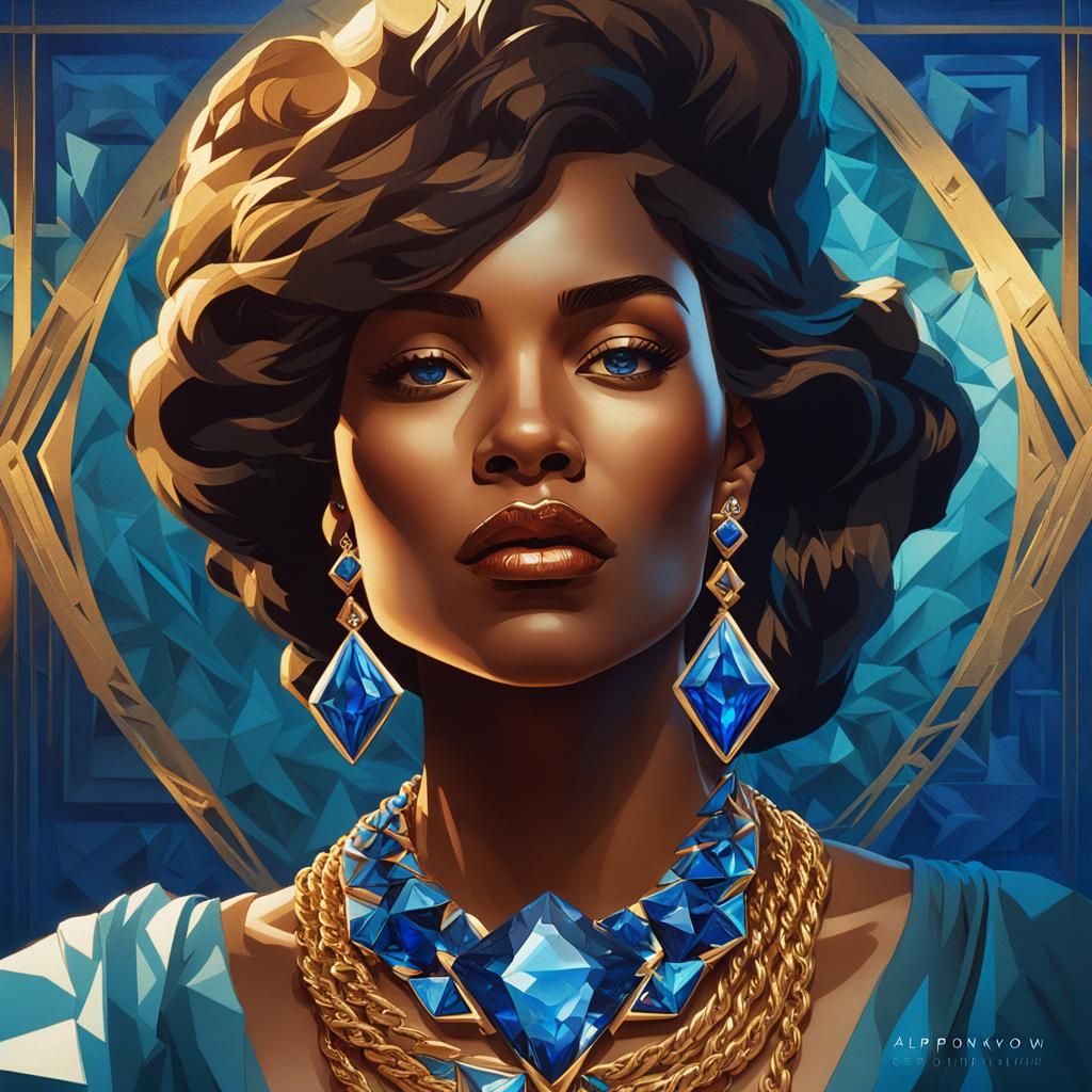 Woman's Sapphire Necklace Portrait in Digital Art Style