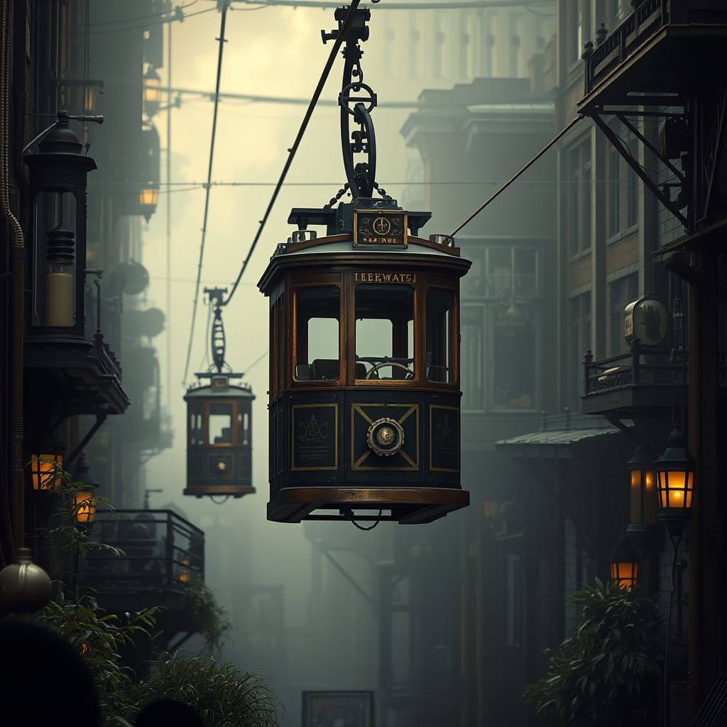 Steampunk Cable Car in Victorian Cityscape