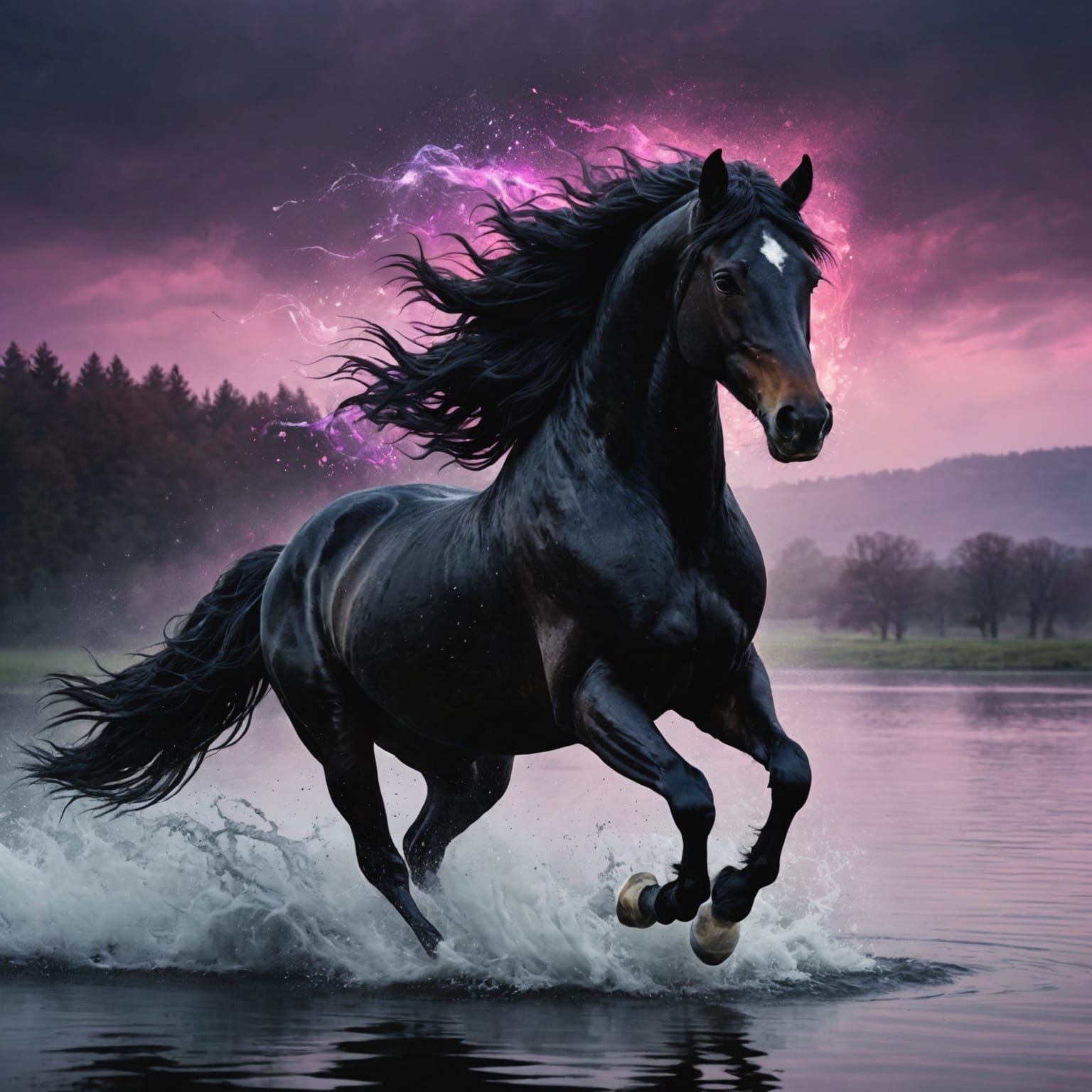 Dramatic Black Horse Galloping on Water