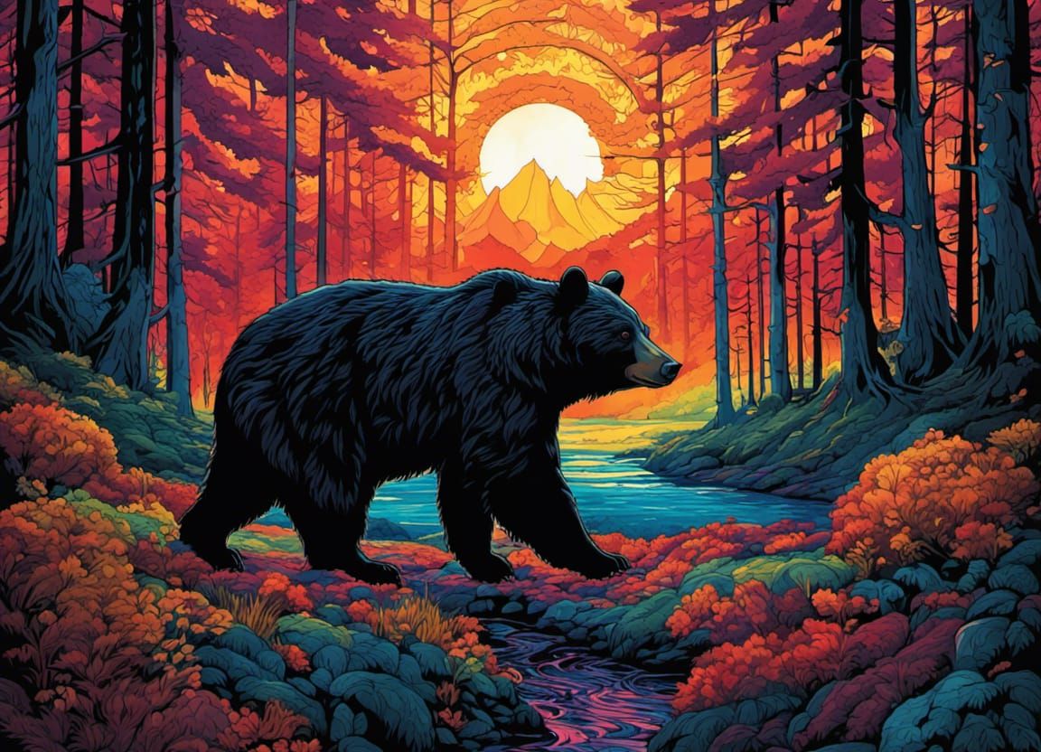 Gothic Black Bear Portrait in Vibrant Sunset