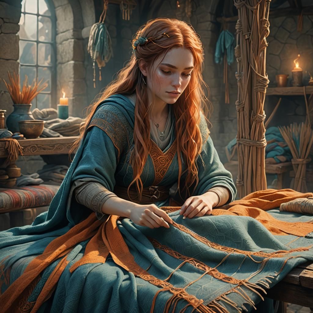 Girl Weaving Blanket in Whimsical Fantasy Style