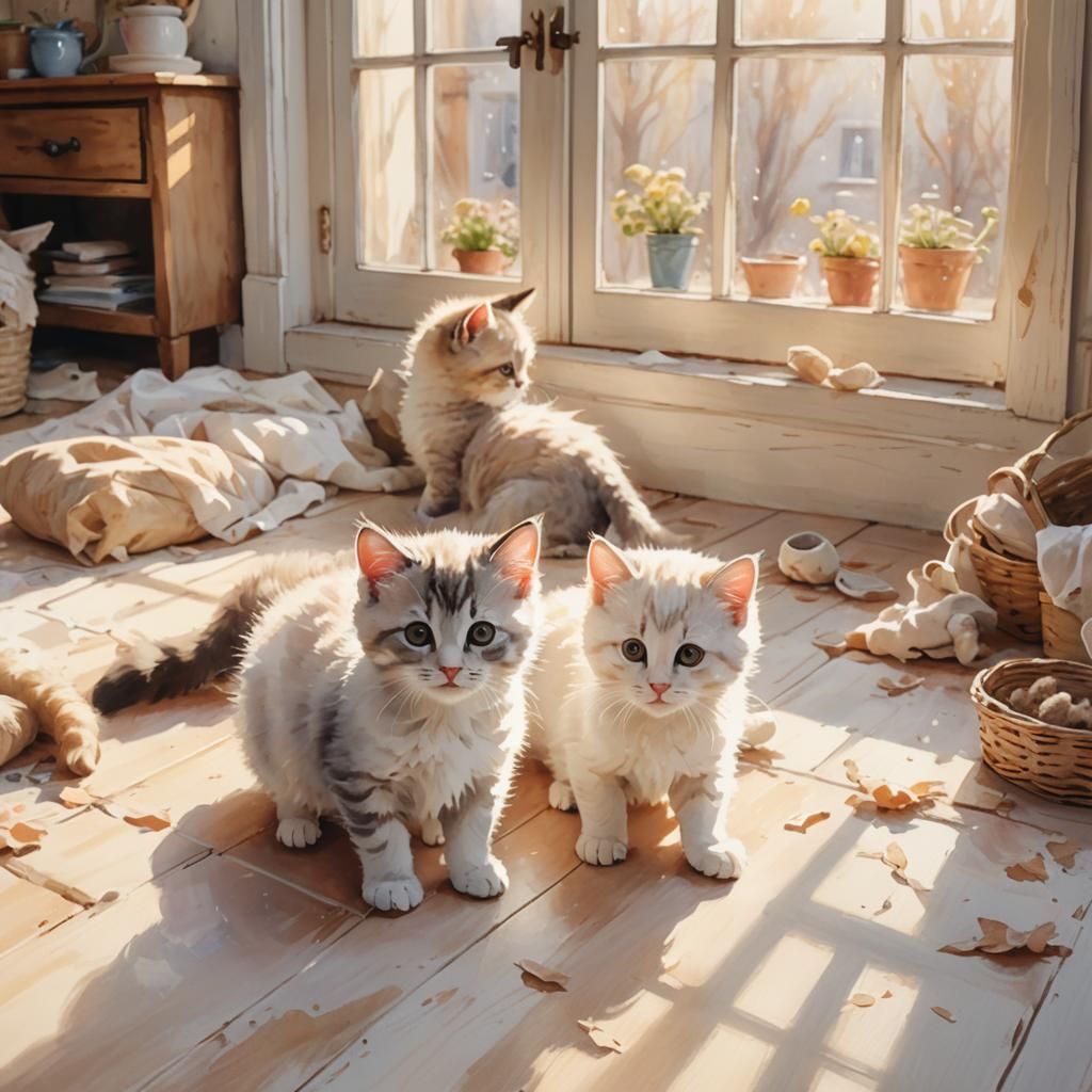 Kittens Play in Cozy House: Watercolor Art