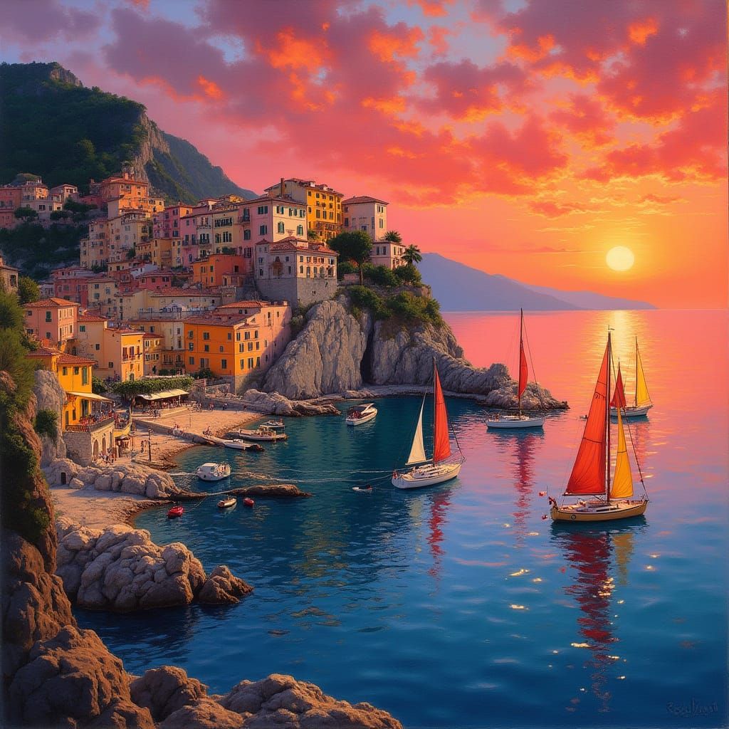 Salerno Harbor Red Sunset Oil Painting