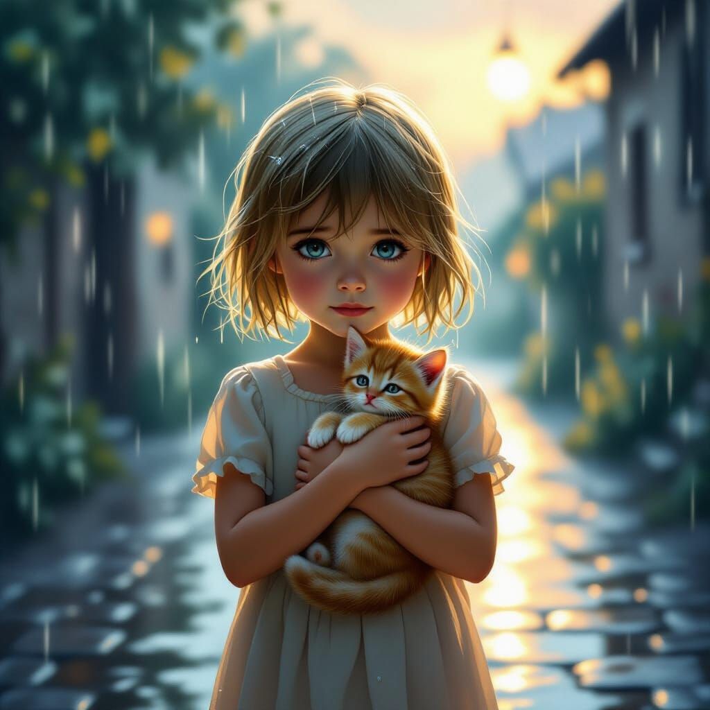 Girl Shelters Kitten in Gentle Evening Rain