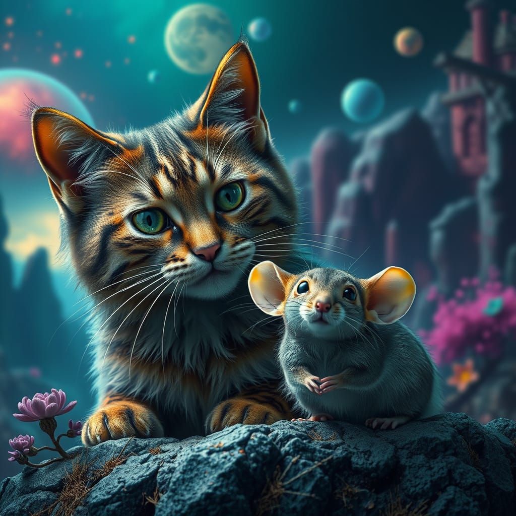 Whimsical Cat and Mouse in a Fantastical Landscape