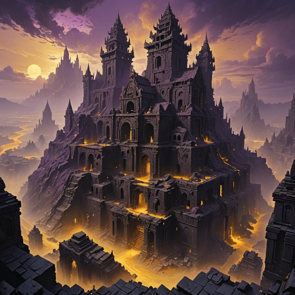 Dark Fantasy City Ruins with Glowing Runes