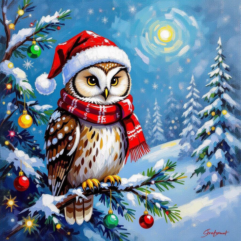 Charming Owl in Winter Wonderland Oil Painting