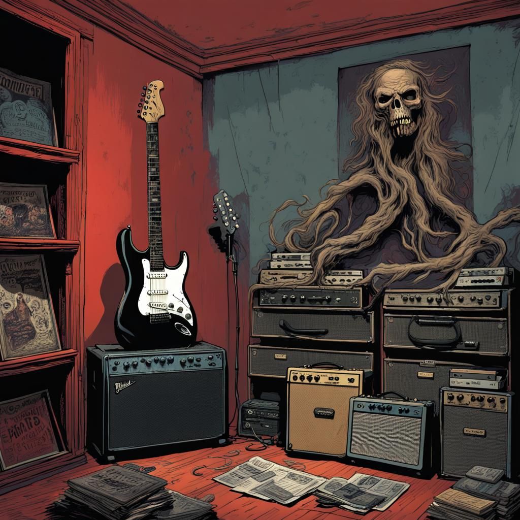 Guitar and Amp in Creepy Magazine Style