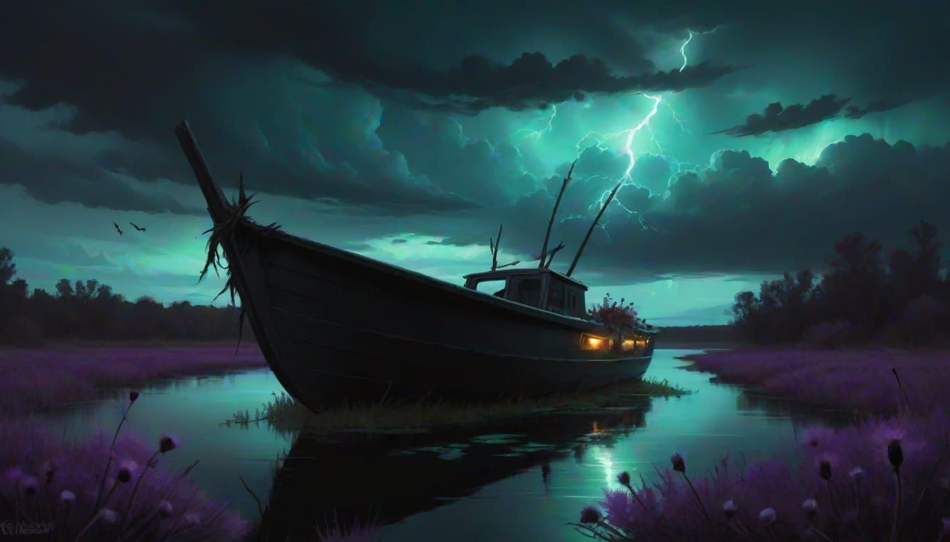 Dramatic Storm Over Bioluminescent River in Color Print Styl...