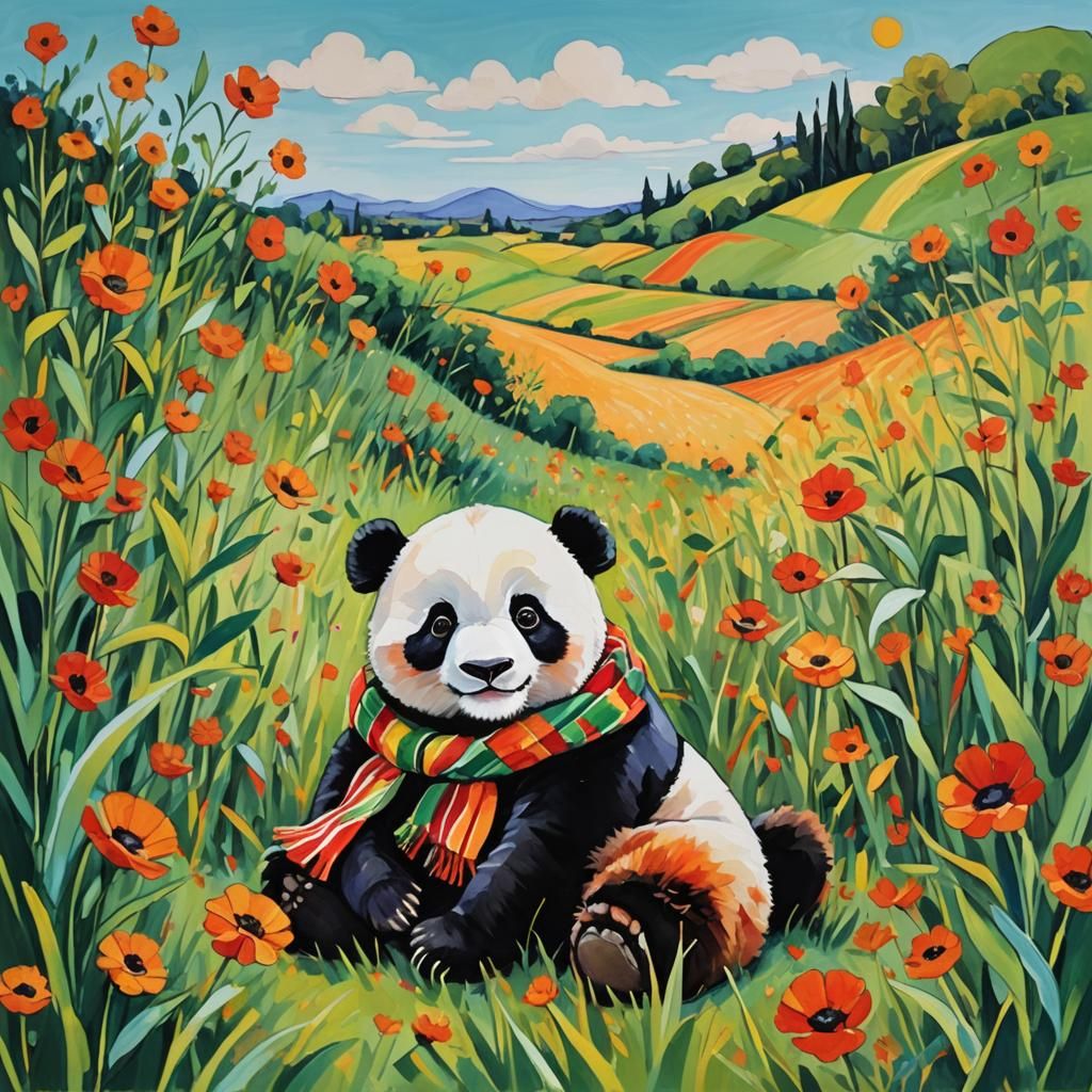 Abstract Panda with Stuffed Cat in Fauvist Style
