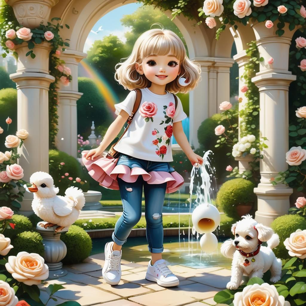 Girl, Puppy, and Bird in Lush Garden, Anime Style