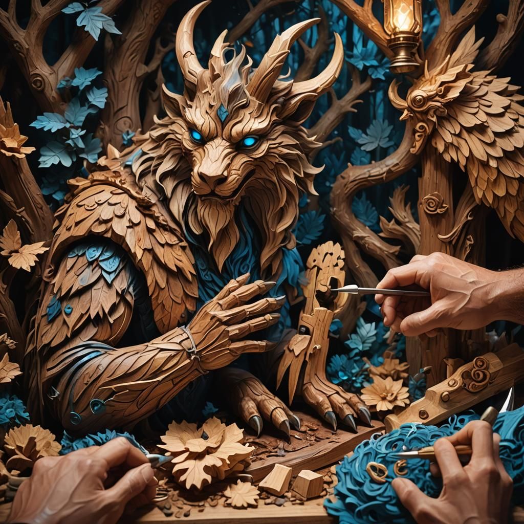 Mystical Forest: Woodworker Carving Mythical Creature