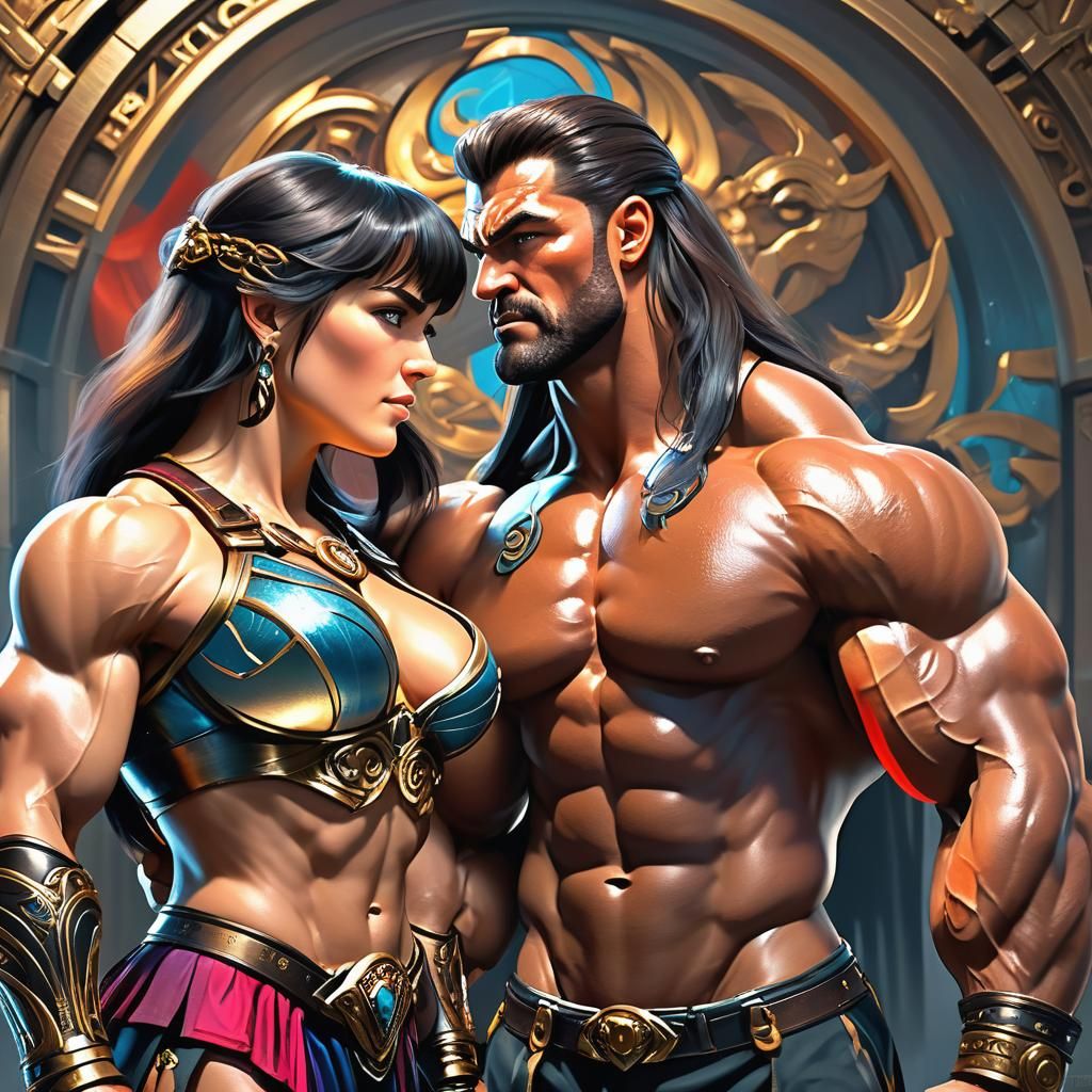 Bodybuilder Couple Portrait in Art Nouveau Style