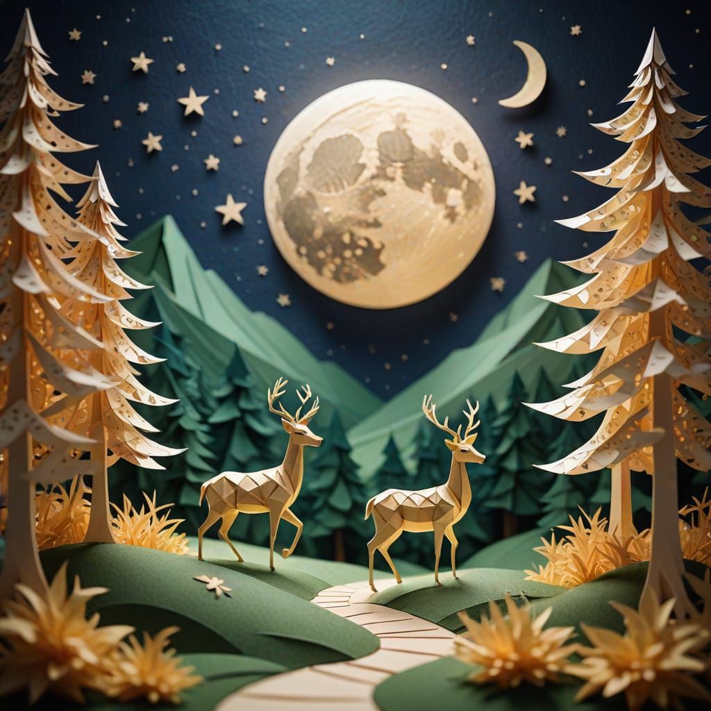 Whimsical Paper Art Landscape with Origami Animal