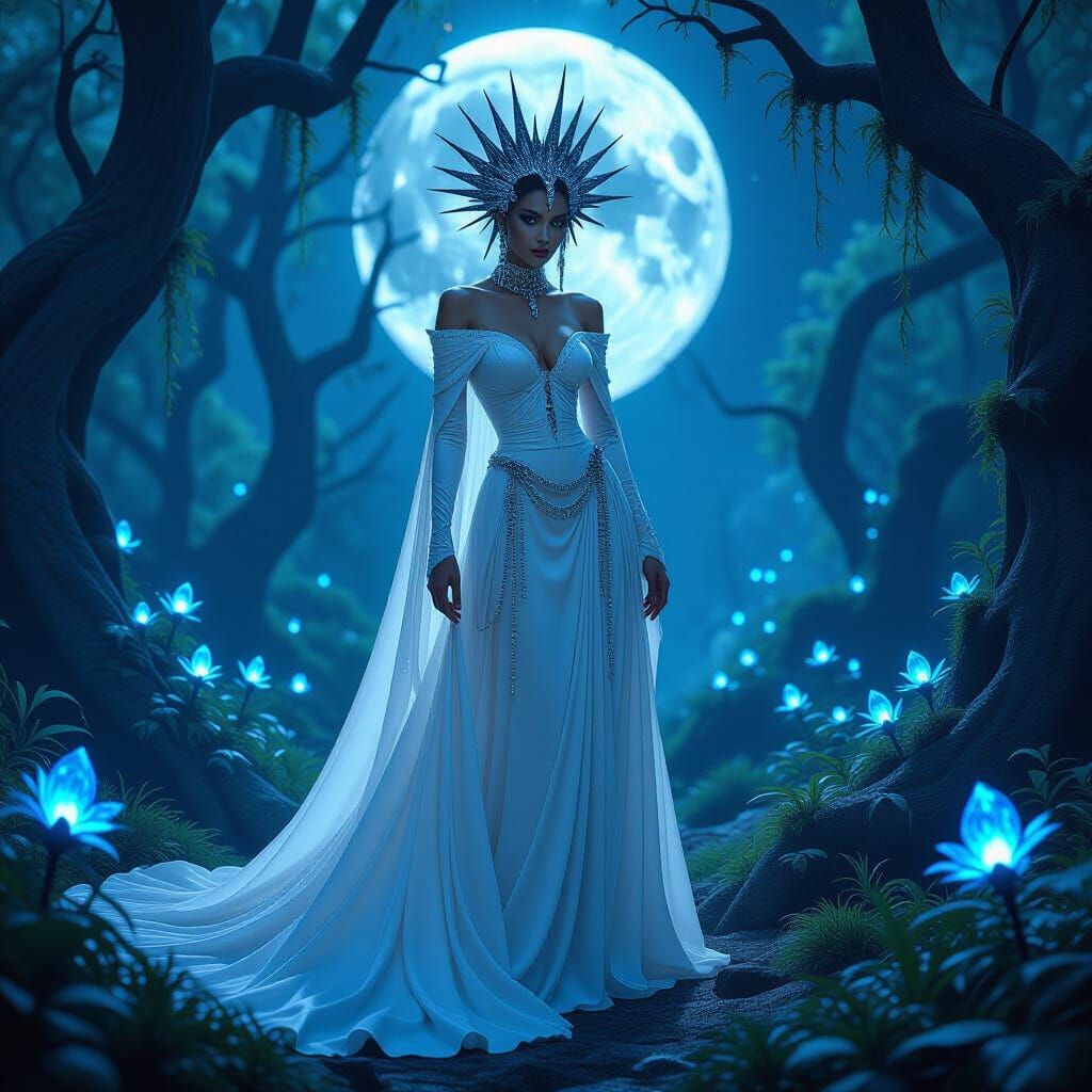 Goth Goddess in Enchanted Forest with Bioluminescent Flora