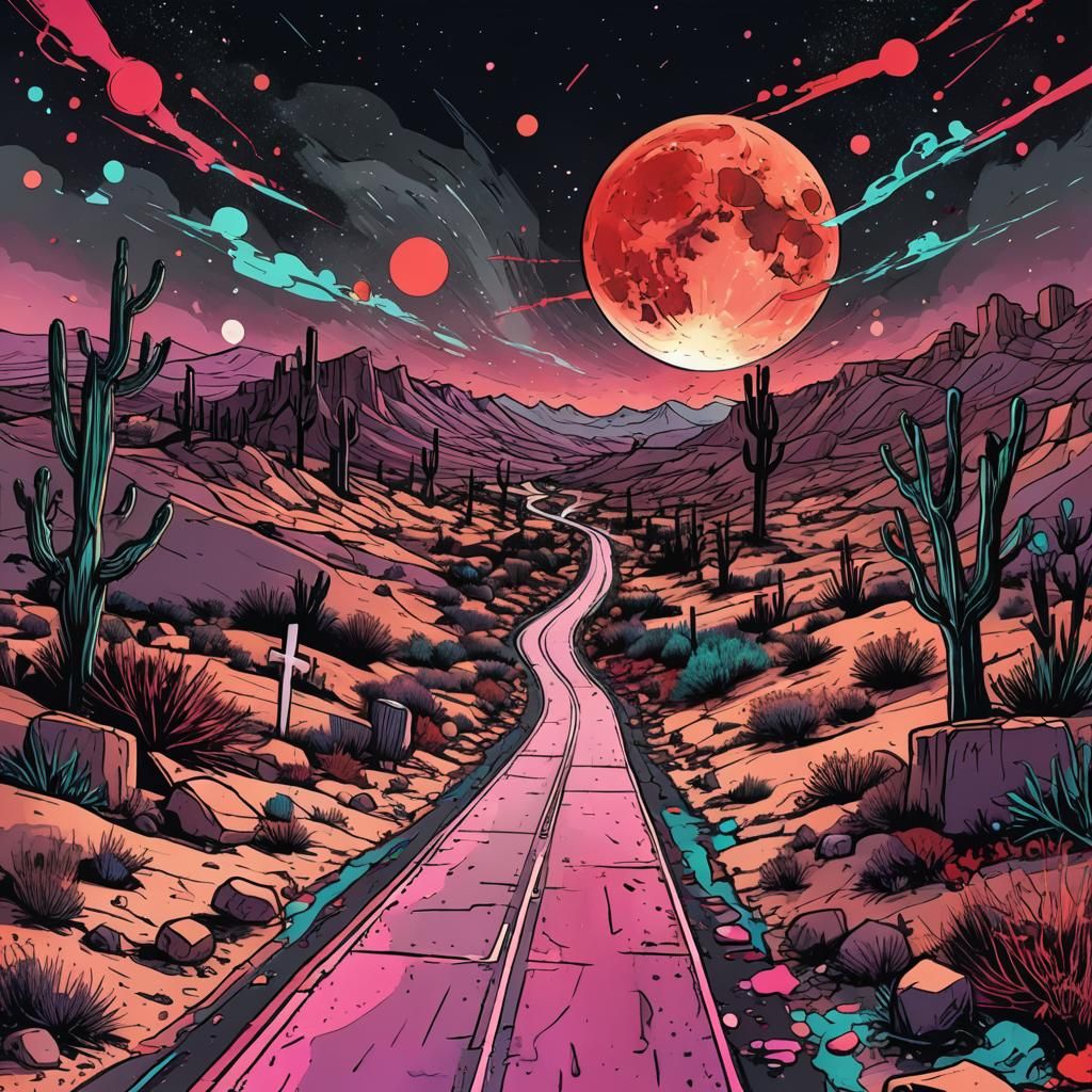 Desert Highway Graveyard: Glitch Style Doodle Sketch