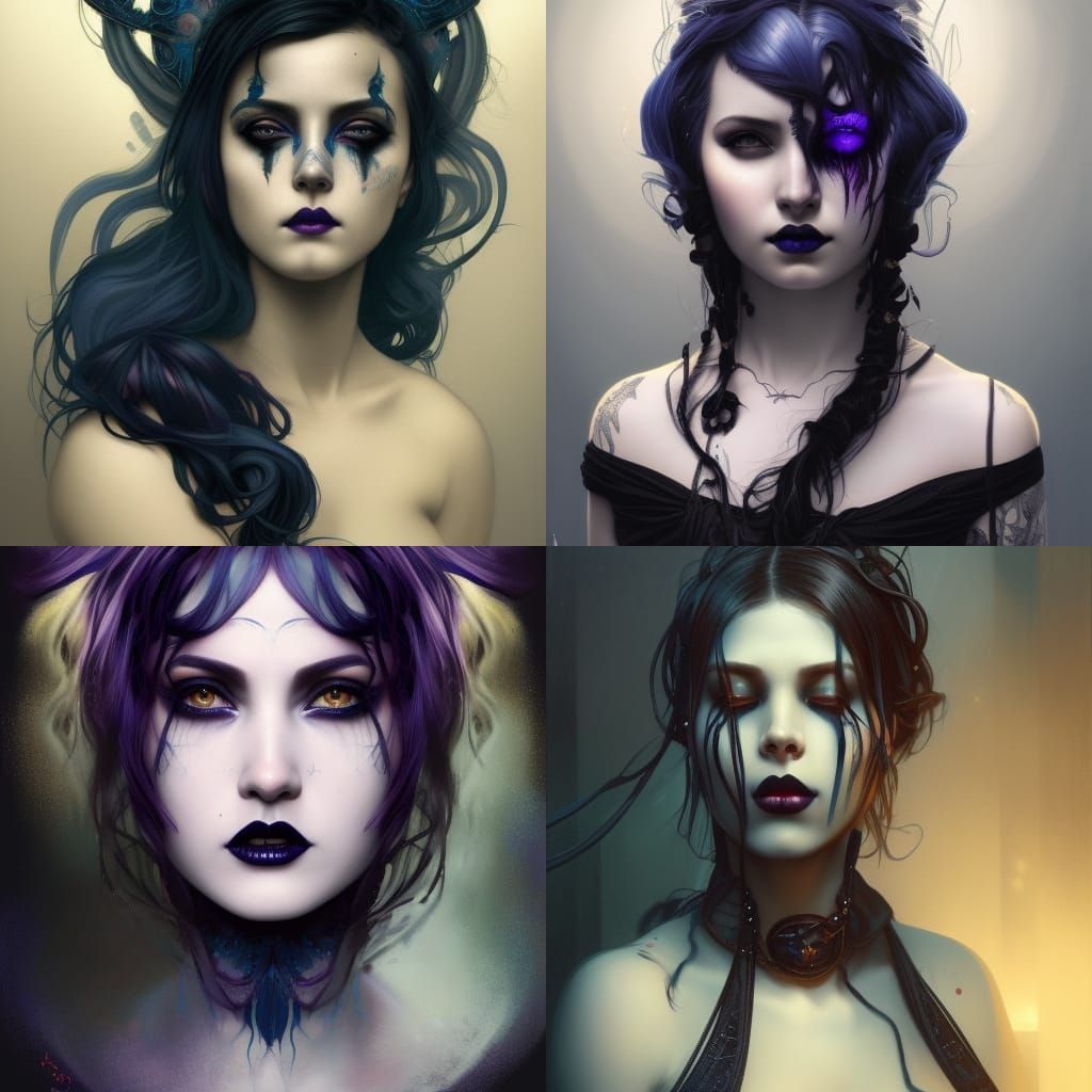 Ethereal gothic young lady with indigo hair and indigo eyeshadow and Black eyeliner and Black lipstick