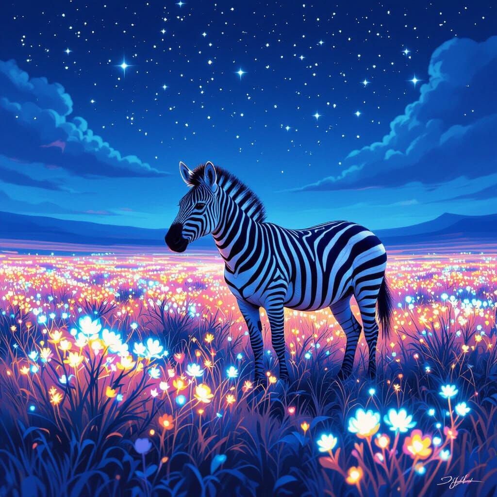Zebra in Bioluminescent Flora Under Starlit Sky