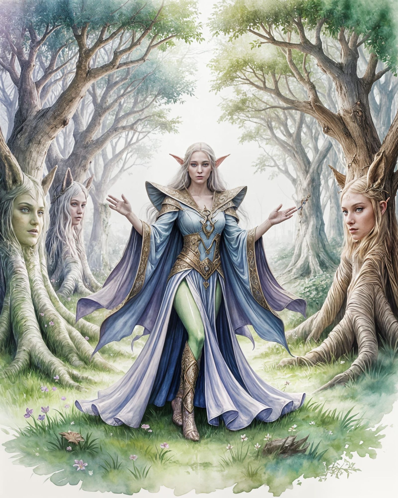 Elven Sorceress Casting Spell: Watercolor Fantasy Art