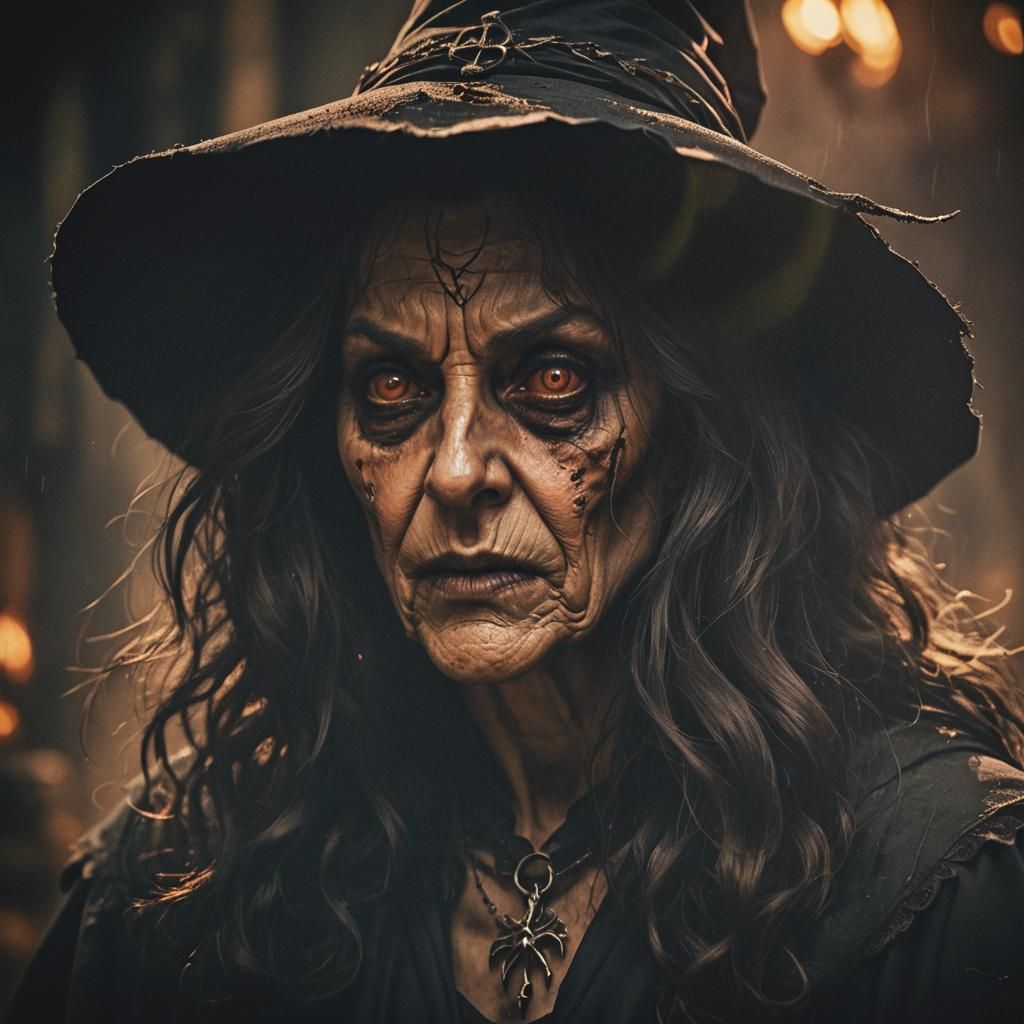 Ominous Witch Close-Up: Cinematic Film Still