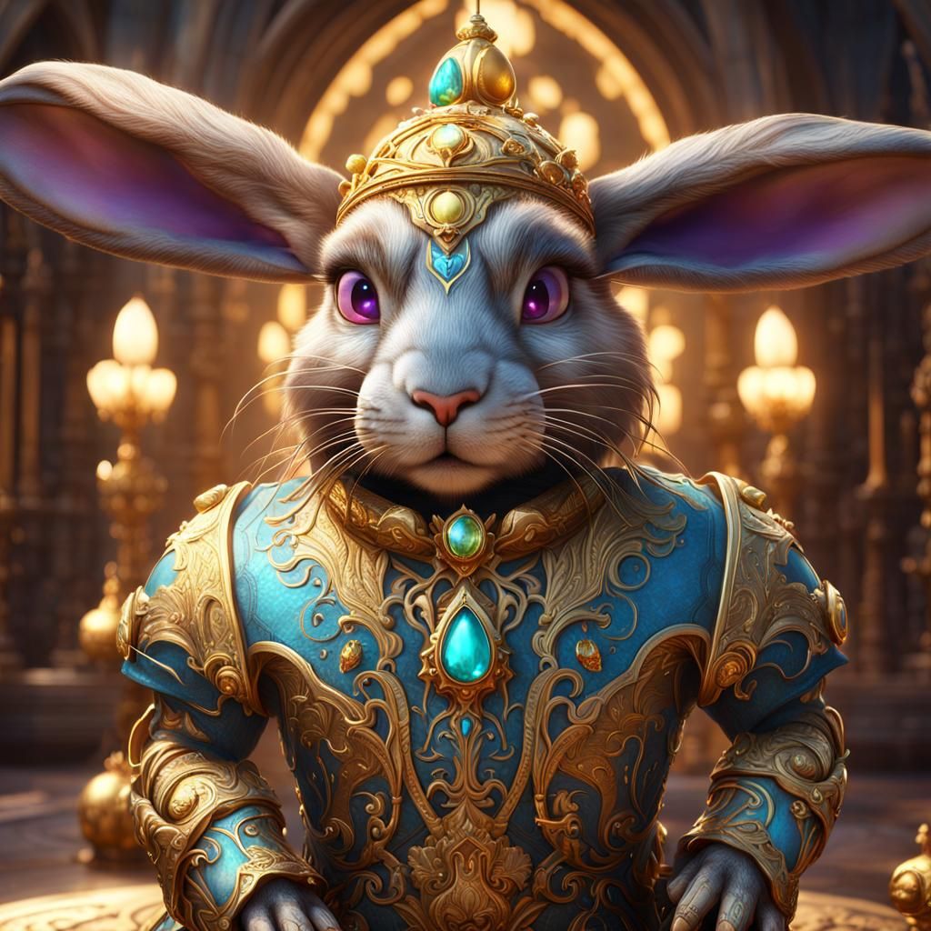 "Dall e 3, (beautifully colored Easter bunny), gold trim and...