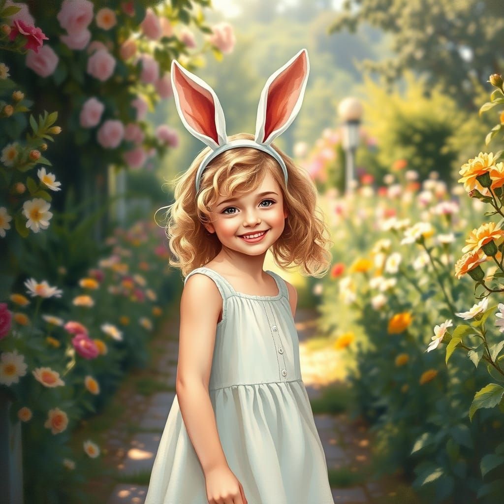 Joyful European Girl in Whimsical Garden Setting, in Impress...