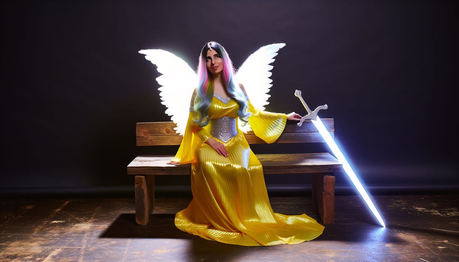 Beautiful female angel with iridescent long hair dressed in a yellow robe with a silver belt sitting on a wooden bench. ...