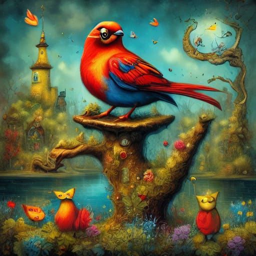 Giant Red Bird Looms Over Frightened Cat in Surreal Digital ...