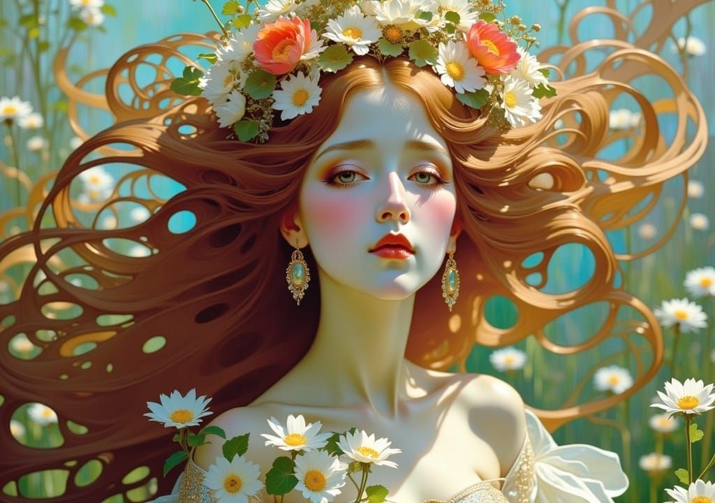<lora:Art Nouveau Flux:1.0> beautiful unearthly girl who is made of small delicate flowers whose hair is a crown and cas...