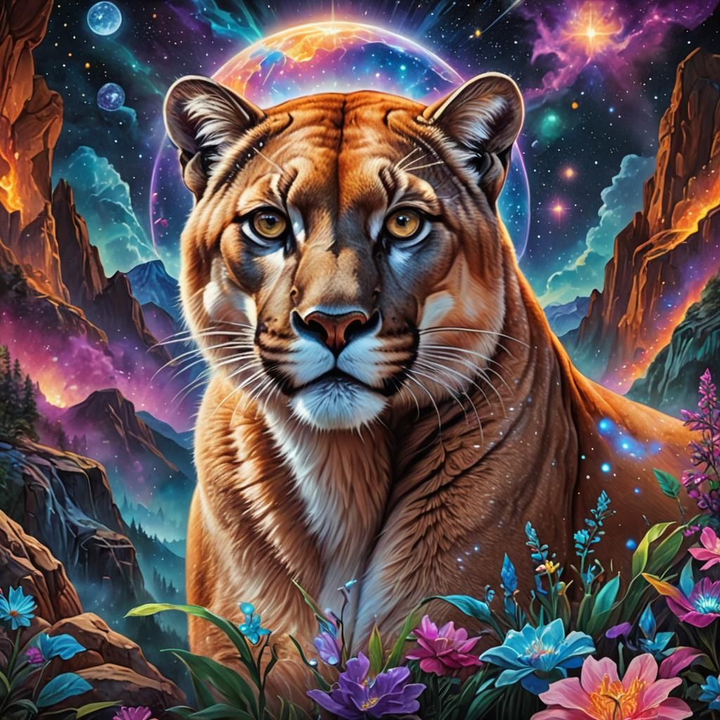 Cosmic Mountain Lion Illustration in Mixed Media
