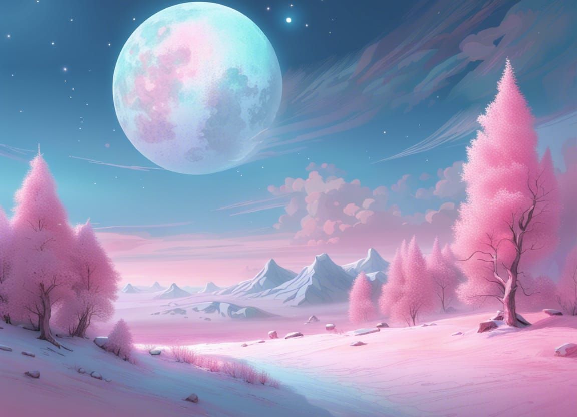 Pink Moon over Snowy Landscape in Celestialpunk Style