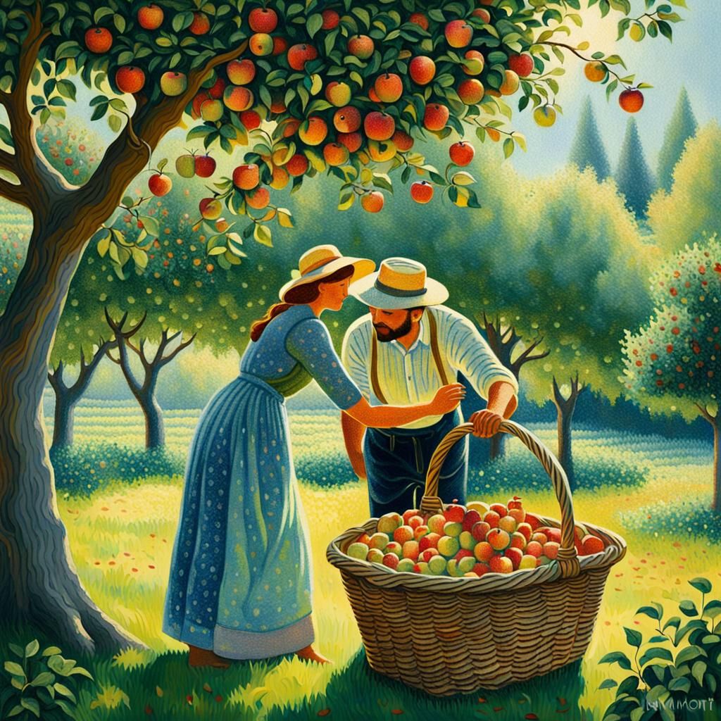 Apple Orchard Harvest in Pointillism Style
