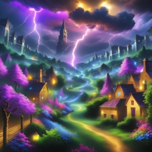 Lightning Storm over Village at Night