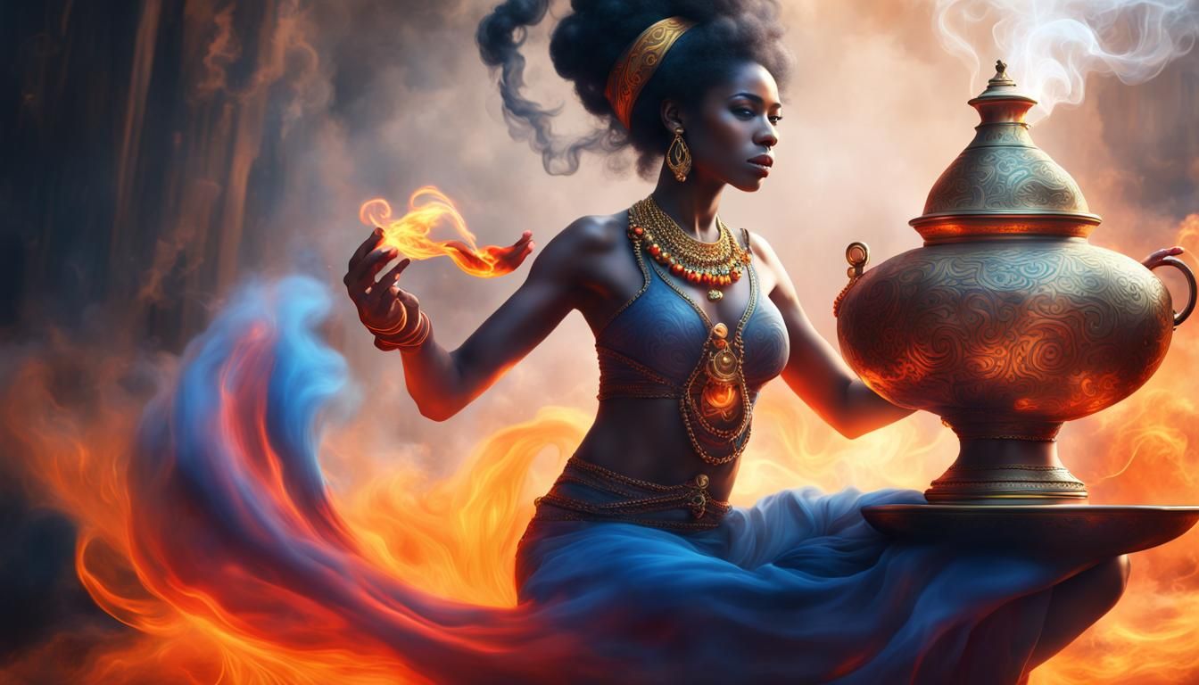 Black Female Genie Emerging from Magic Lamp
