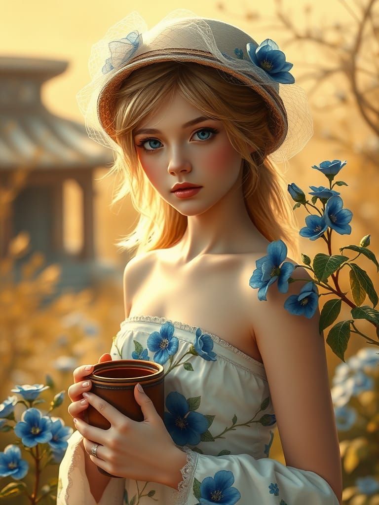 Victorian Beauty with Flowers in Oil Painting Style