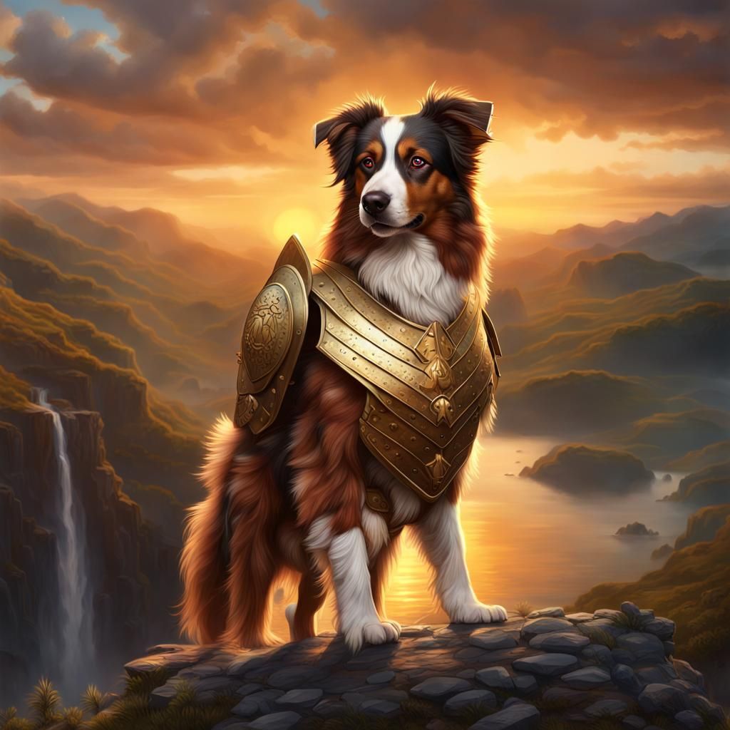 Armored Australian Shepherd Warrior at Sunset